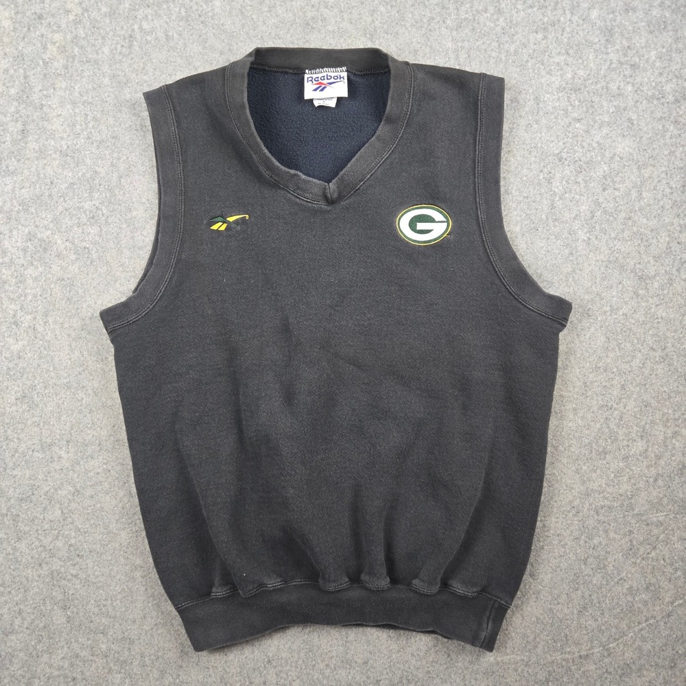 Vintage Reebok Green Bay Packers Sweatshirt Vest Mens Medium Black NFL 90s USA - Picture 2 of 13